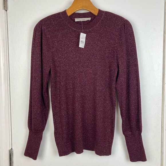 LOFT Burgundy Wine Red Puff Sleeves Gold Shimmer Sparkle Pullover Sweater sz M - Picture 1 of 7